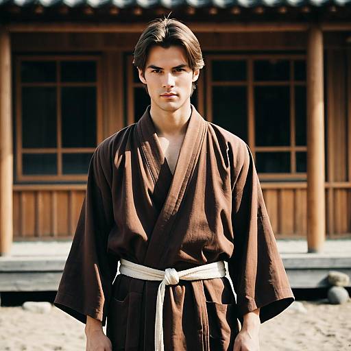 Young Man in Brown Kimono Robe Outdoors