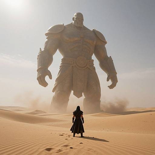 Photograph of a small, silhouetted figure with a cloak facing a massive, armored, stone-like giant in a sunlit desert. Dust