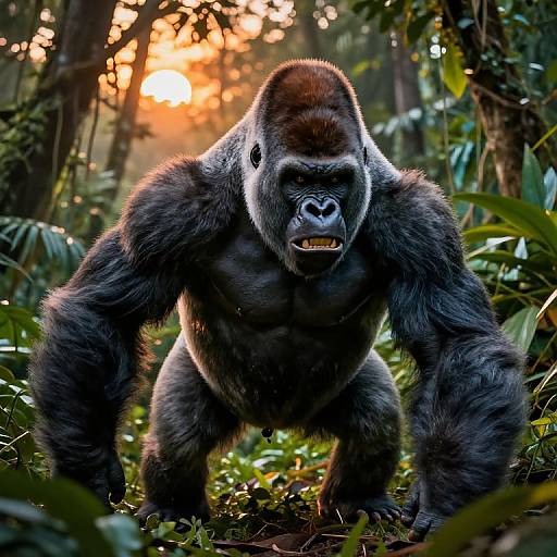 Photorealistic CGI of a muscular, black-furred gorilla crouching in a sunlit jungle, roaring with bared teeth, surrounded by