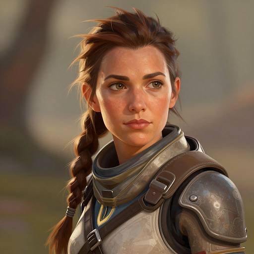 CGI portrait of a strong, serious-looking young woman with brown hair in a braid, wearing metallic armor, set in a sunlit, blurred