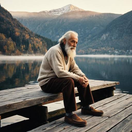 Elderly Man at Misty Mountain Lake