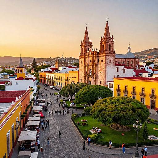 Photograph of a vibrant Spanish town at sunset, featuring a grand twin-towered church, colorful buildings, cobblestone street, people strolling,