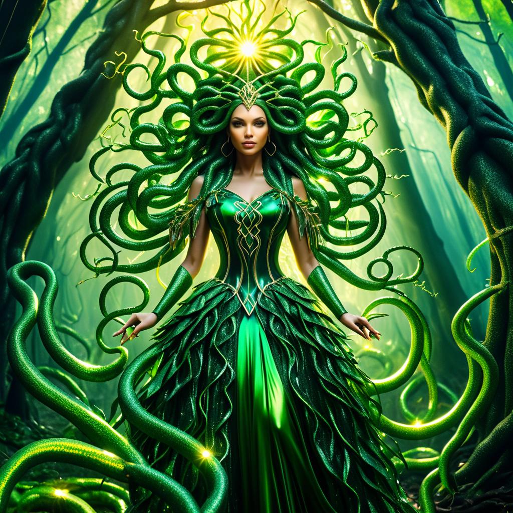 Medusa in Sunlit Forest With Snakes