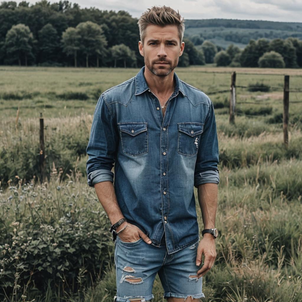 Casual Denim Outfit in Countryside Setting