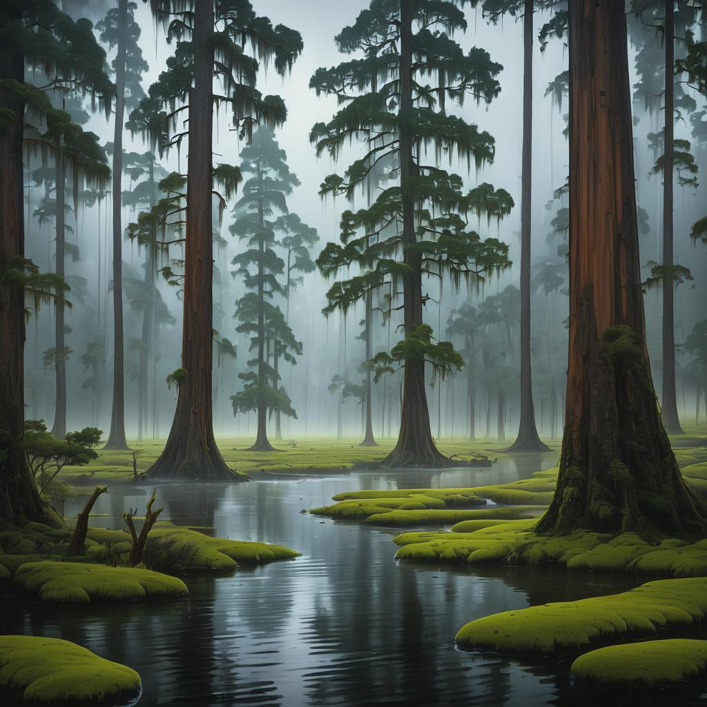 Surreal Cypress Swampland in Early Morning Fog