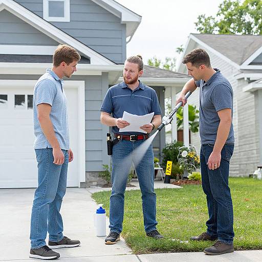 Three men in casual clothes discuss a document outdoors in front of a suburban gray house with a white garage door.
