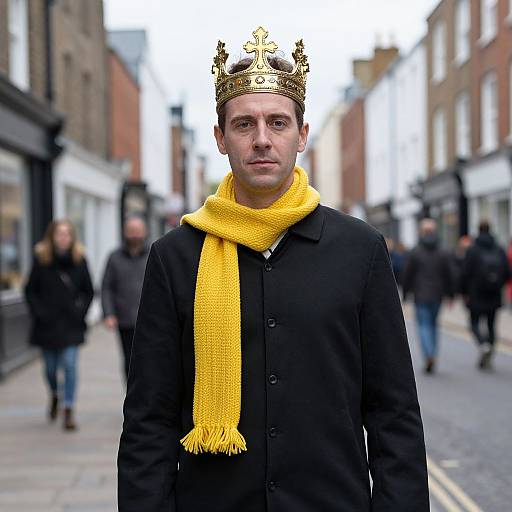 Photograph of a serious man wearing a gold ornate crown, bright yellow scarf, and black coat, standing on a busy urban street.