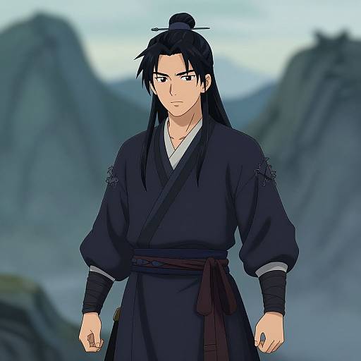 Digital anime-style drawing of a serious-looking male samurai with long black hair, a topknot, wearing a dark blue kimono, standing in