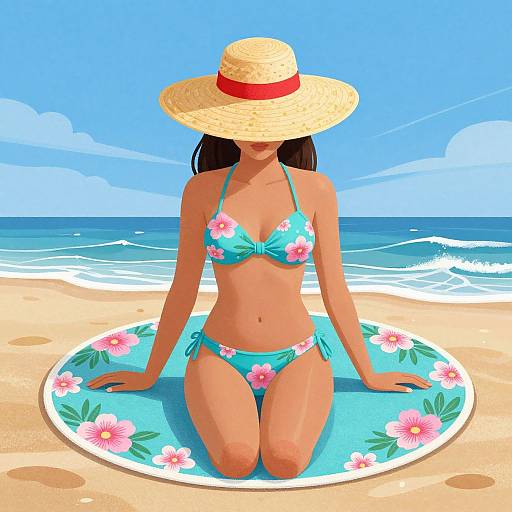 Digital illustration of a tan-skinned woman with long black hair, wearing a straw hat, blue floral bikini, kneeling on a beach towel with pink flowers
