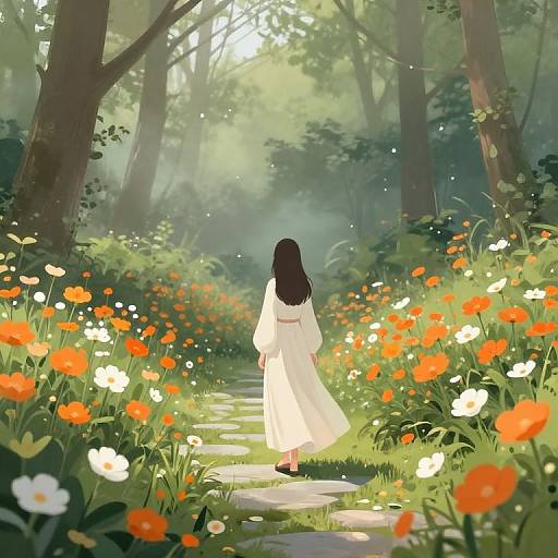 Digital illustration of a woman in a flowing white dress walking through a sunlit forest path, surrounded by vibrant orange and white flowers.