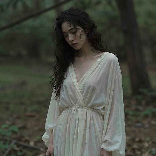 Photograph of a pale, dark-haired woman with wavy hair, wearing a sheer, white, V-neck dress, standing in a dimly lit