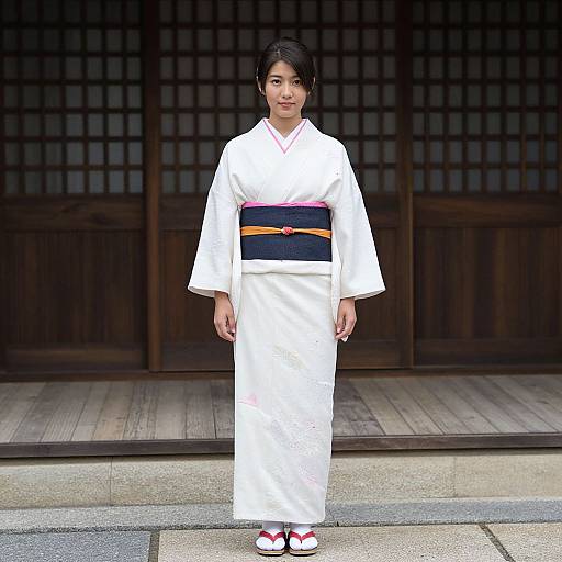 Photograph of a Japanese woman in a white kimono with a black and orange obi, standing in front of a traditional wooden shoji screen.