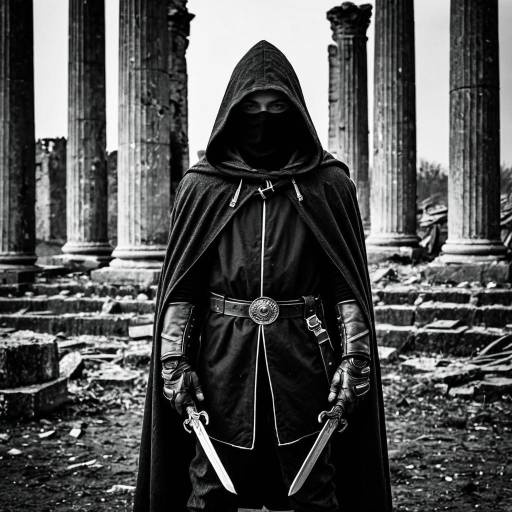 Hooded warrior in ancient ruins
