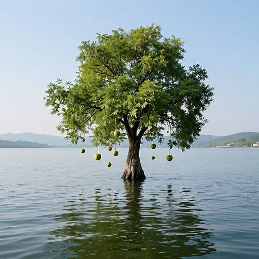 Photograph of a lone, green-leaved tree with hanging fruits, standing in calm, reflective water under a clear blue sky.