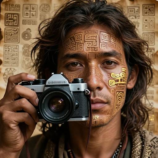 Photograph of a man with long, wavy black hair, holding a vintage Olympus camera, face decorated with intricate, golden geometric patterns, against a