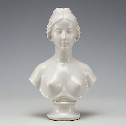 Photograph of a translucent, white, bust sculpture of a young woman with intricate hair, smooth features, and a calm expression, set against a gradient