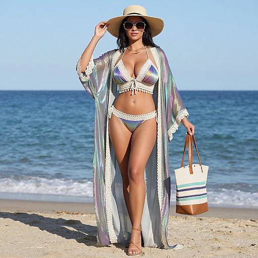 Photograph of a tan-skinned woman in a colorful bikini, white crochet cover-up, straw hat, sunglasses, holding a striped beach bag, standing