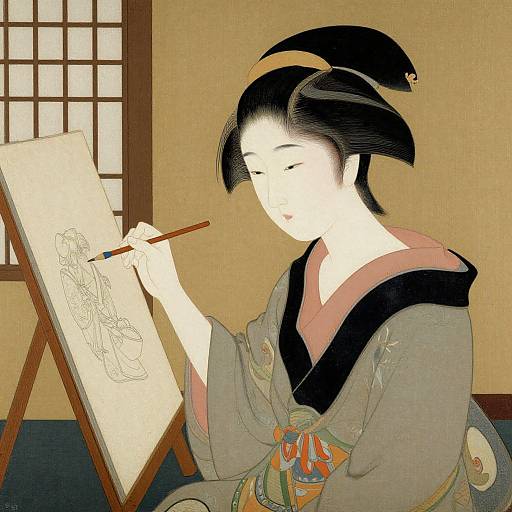 Digital illustration of a Japanese woman with black hair in a traditional kimono, drawing on an easel in a shoji-screen room.