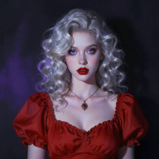 Digital portrait of a fair-skinned woman with vibrant blue eyes, curly silver hair, red lipstick, and a red dress with puffed sleeves, wearing