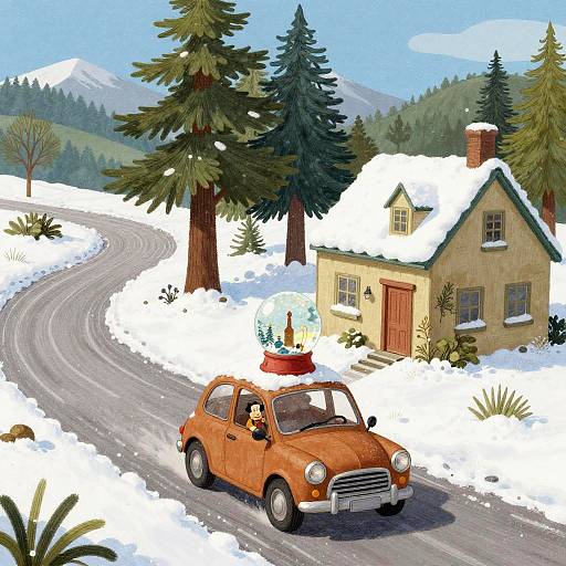 Colorful digital illustration of a vintage orange car with a snow globe on the roof driving through a snowy, forested mountain road to a snow-covered cottage