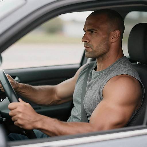 Stern Bald Driver in Denim Shirt
