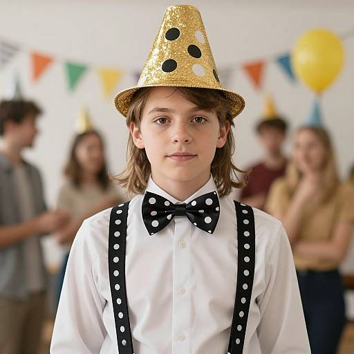 Photograph of a teenage boy with brown hair, wearing a glittery gold party hat, white shirt, black polka dot bowtie, and suspend