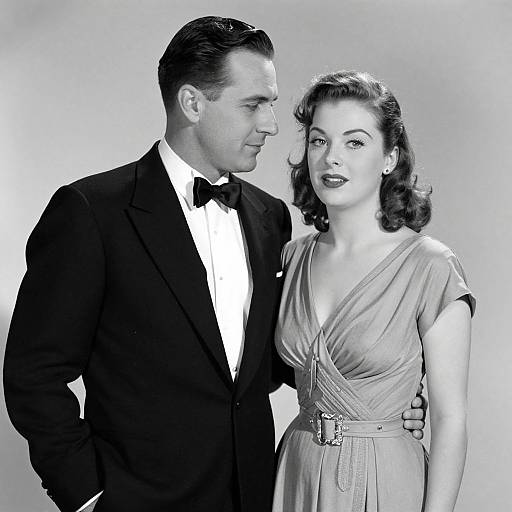 Black-and-white photograph of a 1940s-style couple; man in tuxedo, woman in V-neck dress, he gazes at her