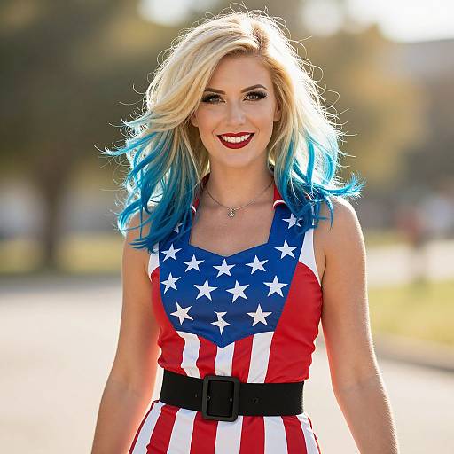 Photograph of a smiling blonde woman with blue-tipped hair, wearing a sleeveless dress with American flag design, black belt, and bright red lipstick