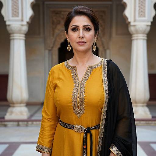 Photograph of a confident Indian woman with dark hair, wearing a mustard-yellow salwar kameez with black sheer dupatta and gold embroidery, standing