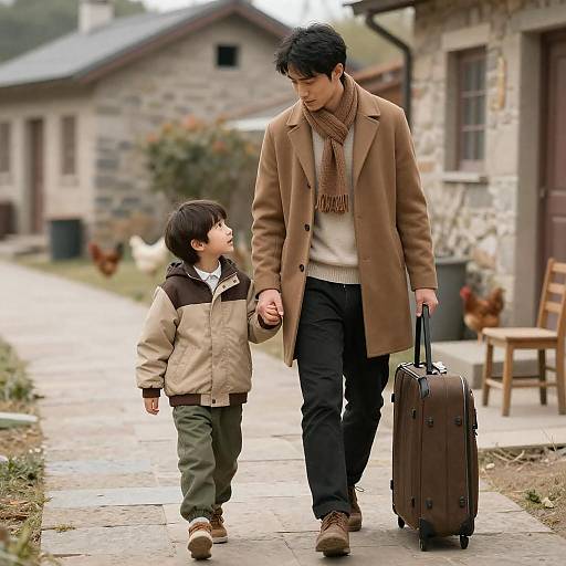 Man and Boy Walking on Stone Path