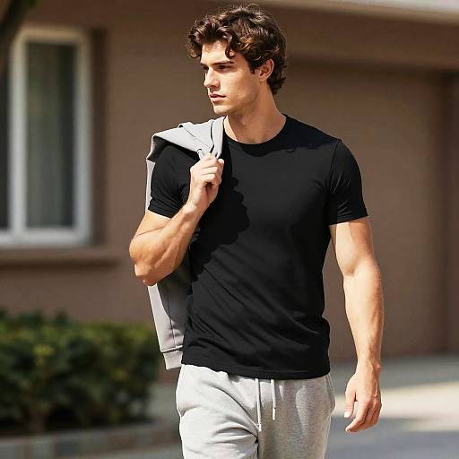 Photograph of a muscular, young man with wavy brown hair, wearing a black t-shirt and gray sweatpants, carrying a gray backpack, walking