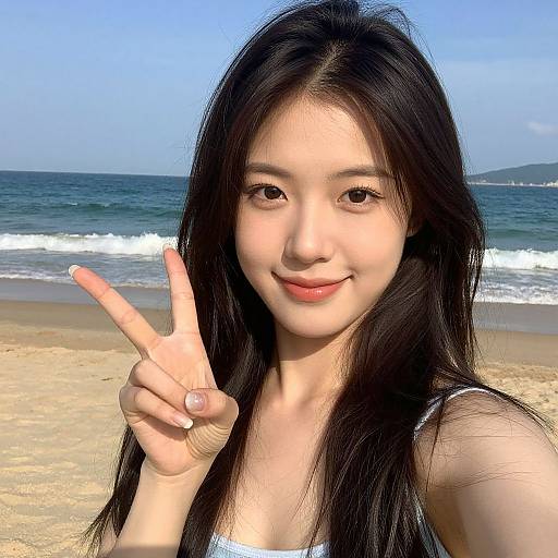 Photograph of an Asian woman with long black hair, smiling, wearing a blue top, making a peace sign on a sunny beach with clear blue sky