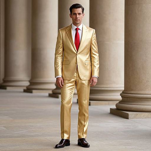 Photograph of a man in a shiny gold suit, red tie, and black shoes, standing in a columned, classical architectural hall.