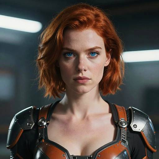 Photorealistic CGI of a red-haired woman with blue eyes, wearing futuristic armored shoulders, set against a dark, blurred background.