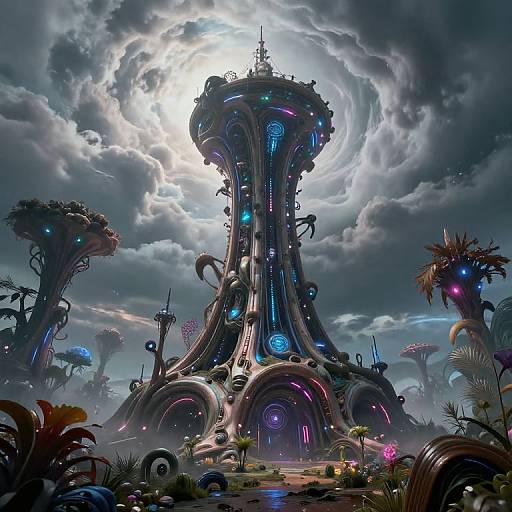 Digital fantasy artwork of a towering, bioluminescent, steampunk-style structure with glowing blue and pink lights, surrounded by surreal, alien-like