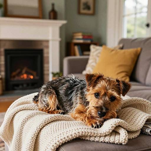 Photograph of a small, black and tan terrier dog lounging on a cream knitted blanket on a gray sofa, in front of a lit