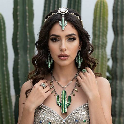Photograph of a beautiful woman with long, wavy dark hair, wearing a sparkling silver dress and green cactus-themed jewelry, standing in front of