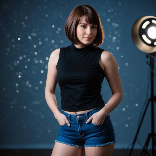 Young woman in black sleeveless top and denim shorts