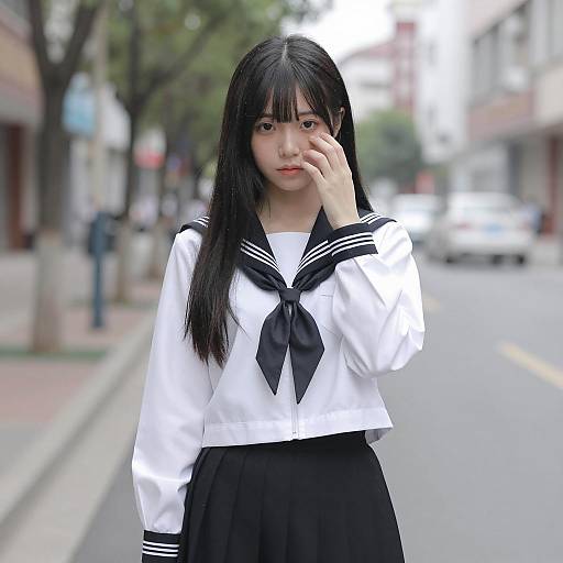 Stylish Asian Woman in Sailor Outfit