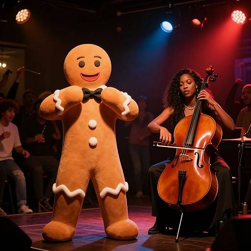 Photograph of a performer in a cookie-shaped costume with bow tie, standing beside a Black woman playing a cello on stage with colorful stage lights in