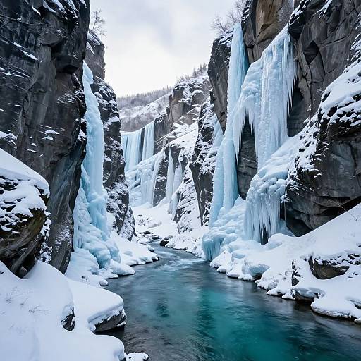 Photograph of a narrow, snow-covered canyon with towering ice-covered cliffs, cascading icicles, and a clear, icy stream at the bottom.