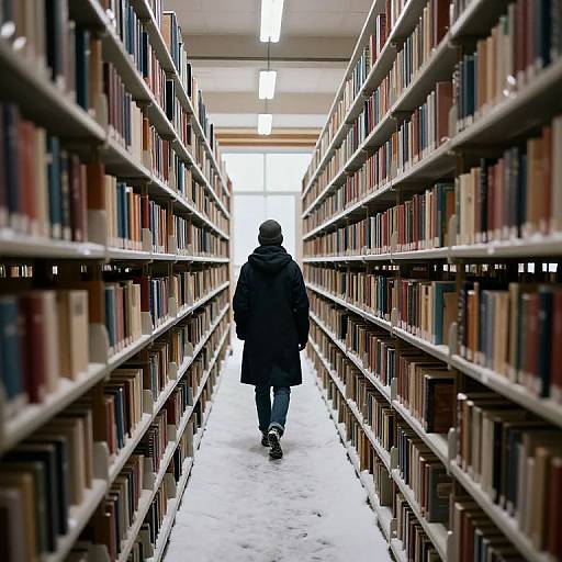 Solitary Figure in Snowy Silent Library