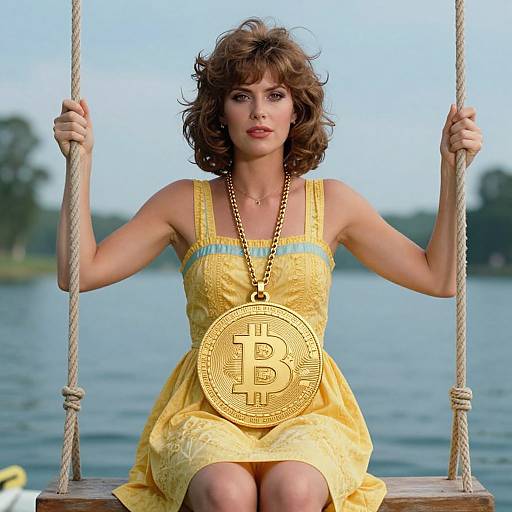 Photograph of a curly-haired woman in a yellow dress with a large Bitcoin coin necklace, sitting on a wooden swing by a lake.