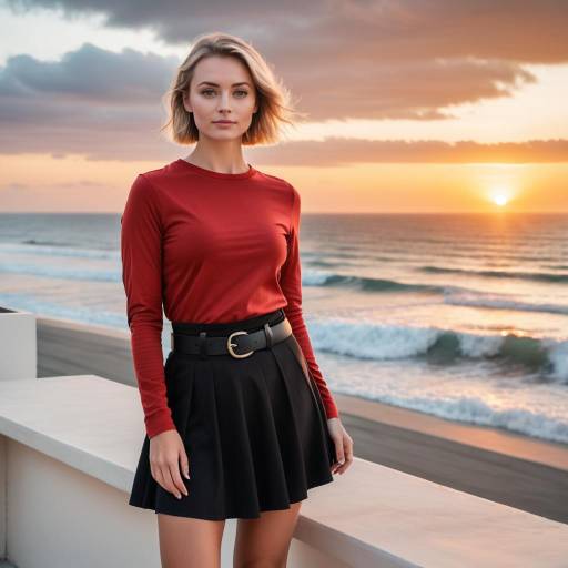Confident Woman on Beach Rooftop at Sunset