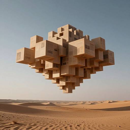 Photograph of a floating, geometric, cube-like structure in a desert, with a clear blue sky and sandy dunes below.