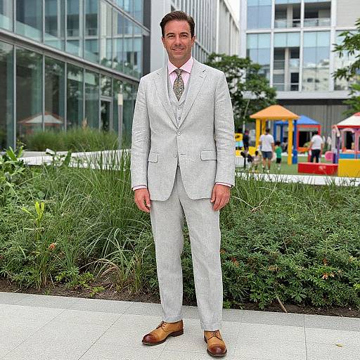 Photograph of a middle-aged man in a light gray suit, pink shirt, and brown shoes, standing in front of a modern urban park with green