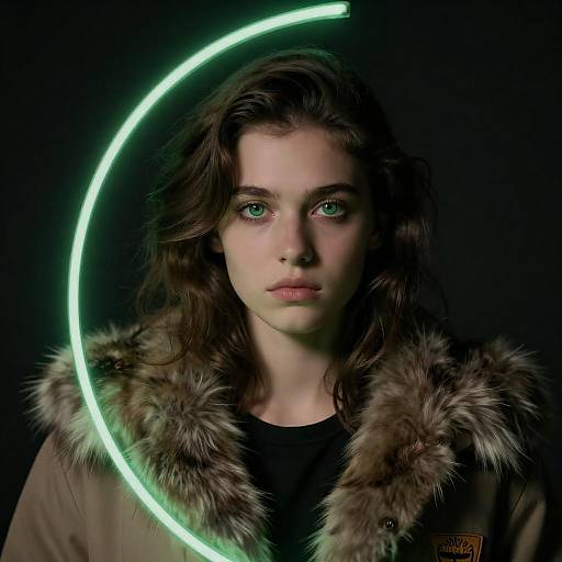 Green Glow Portrait in Fur Coat