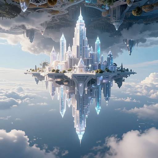 Digital art of a glowing, crystal-like futuristic city floating in the sky, reflected perfectly below, surrounded by clouds and floating structures.
