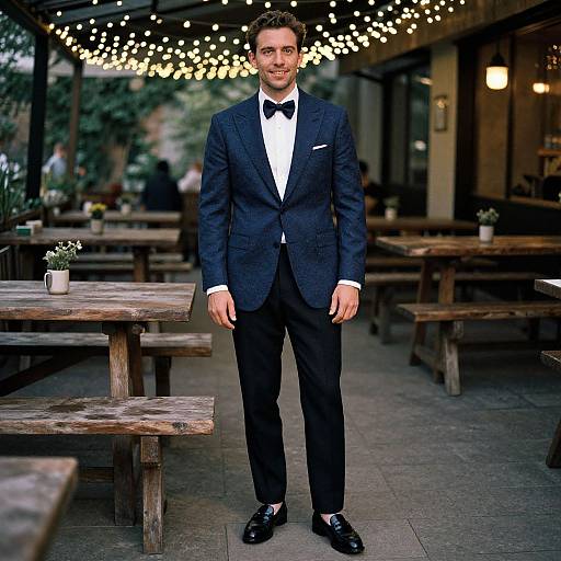 Photograph of a smiling man in a dark blue suit, white shirt, black bow tie, and black shoes, standing outdoors by wooden picnic tables with