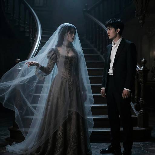 Ghostly Woman on Gothic Staircase